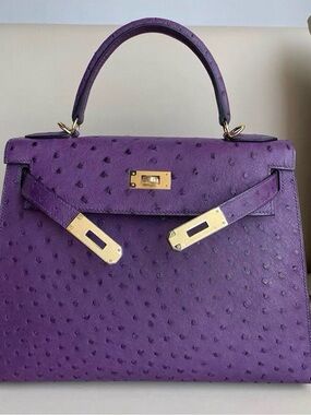 Amethyst purple ostrich pattern leather top handle handbag 25cm Kelly